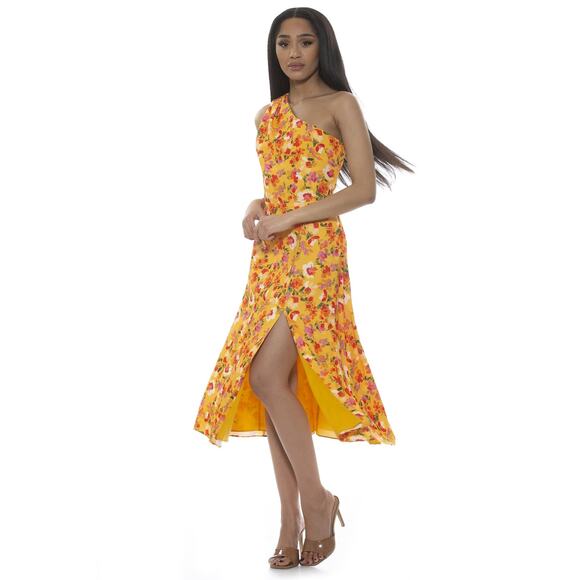 NEW Alexia Admor Fay Floral One Shoulder Midi Fit and Flare Dress Yellow Size 2 - Picture 1 of 15